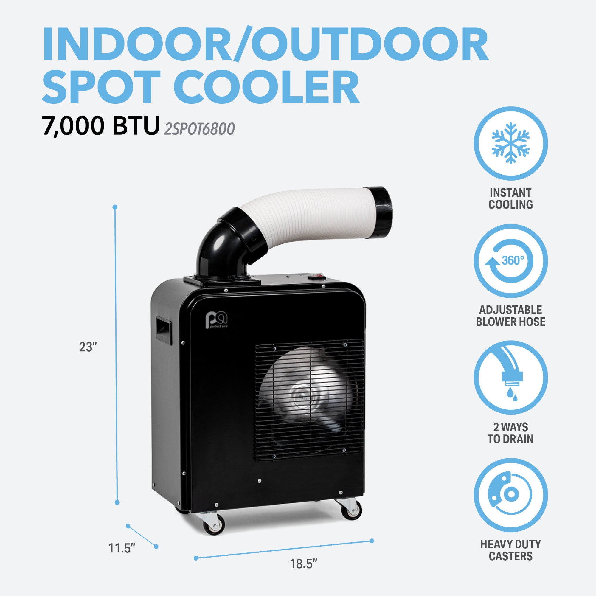 Perfect Aire 7,000 BTU Portable Spot Cooler - Adjustable Air Flow, 360° Wheels, Continuous Drainage (6' Hose Included) – Perfect for Workshops, Garages, Patios, and Sheds