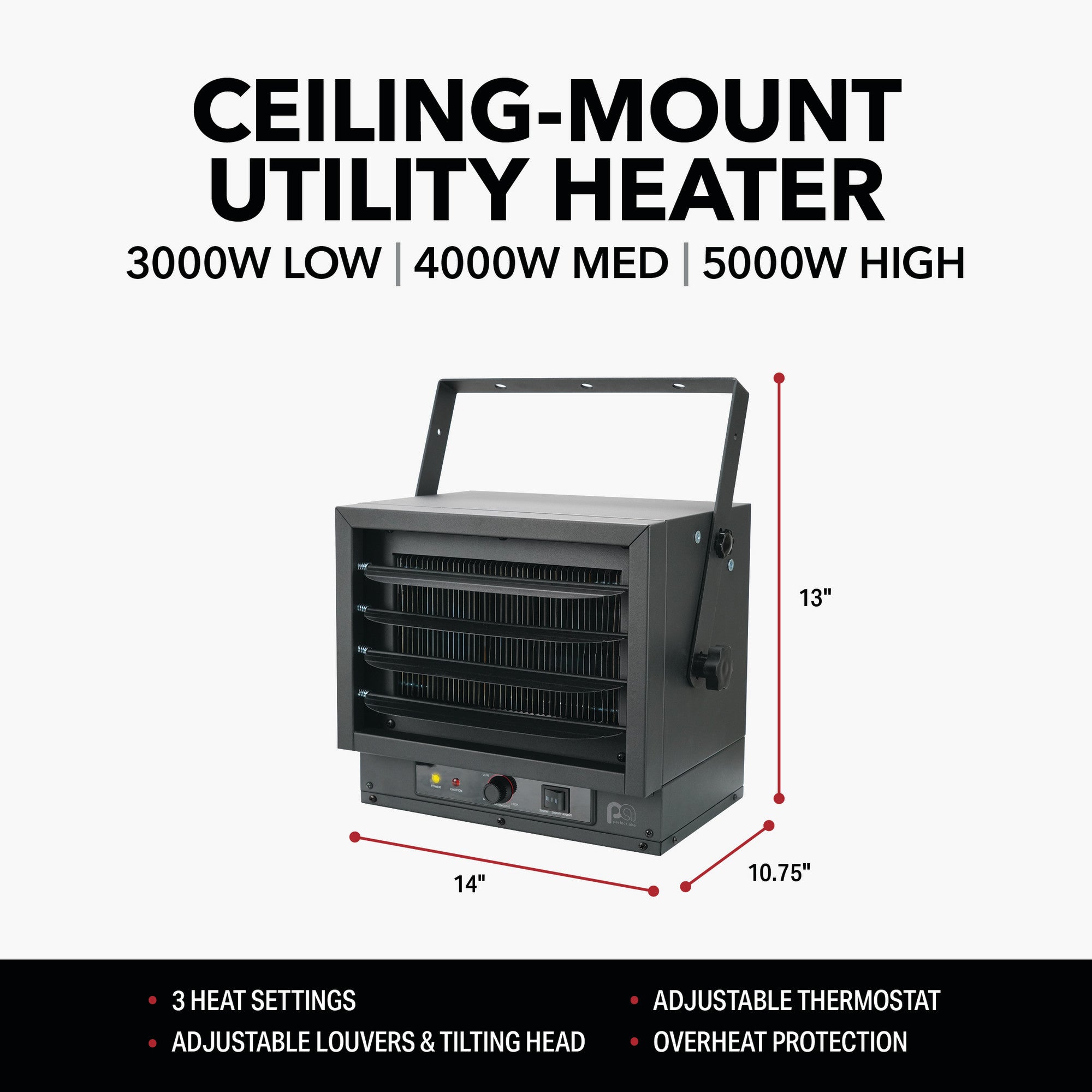 Perfect Aire 2PHG5000 5,000/4,000/3,000W Ceiling Mount Garage Heater – Hardwired 240V Electric Heat for Workshops & Garages