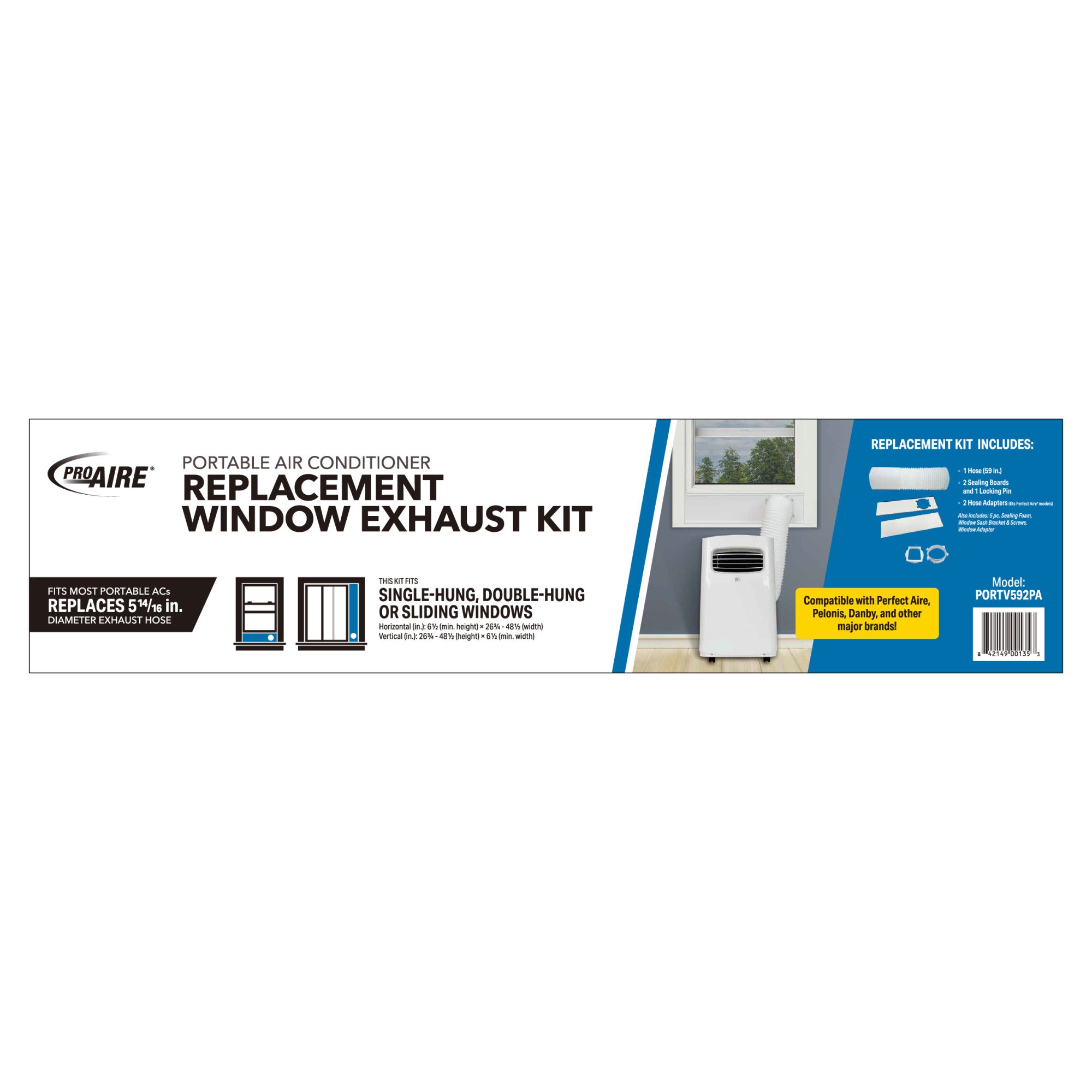 Portable Air Conditioner Replacement Window Exhaust Kit, 5.13" diameter hose