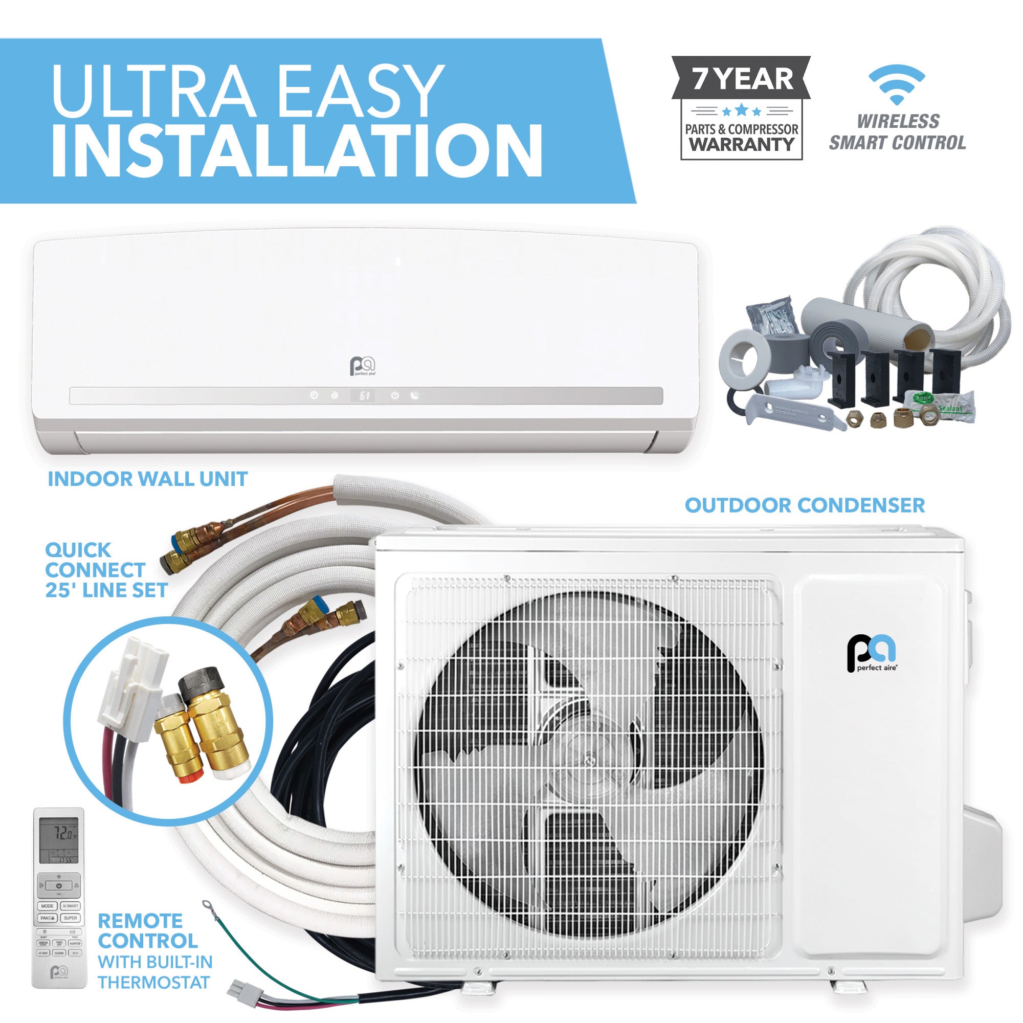 12,000 BTU Perfect Aire Quick Connect Mini-Split – DIY Heat Pump System for 500 sq ft, Energy Star, R454B