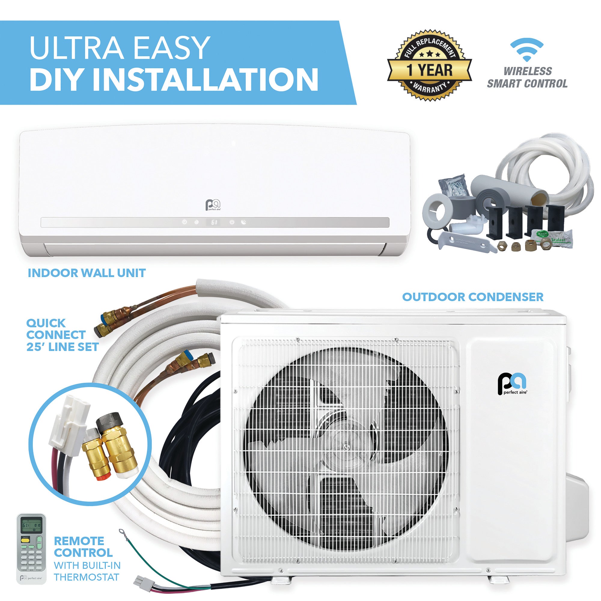 36,000 BTU Perfect Aire Quick Connect Mini-Split – DIY Heat Pump System for 1,500 sq ft, 20.5 SEER