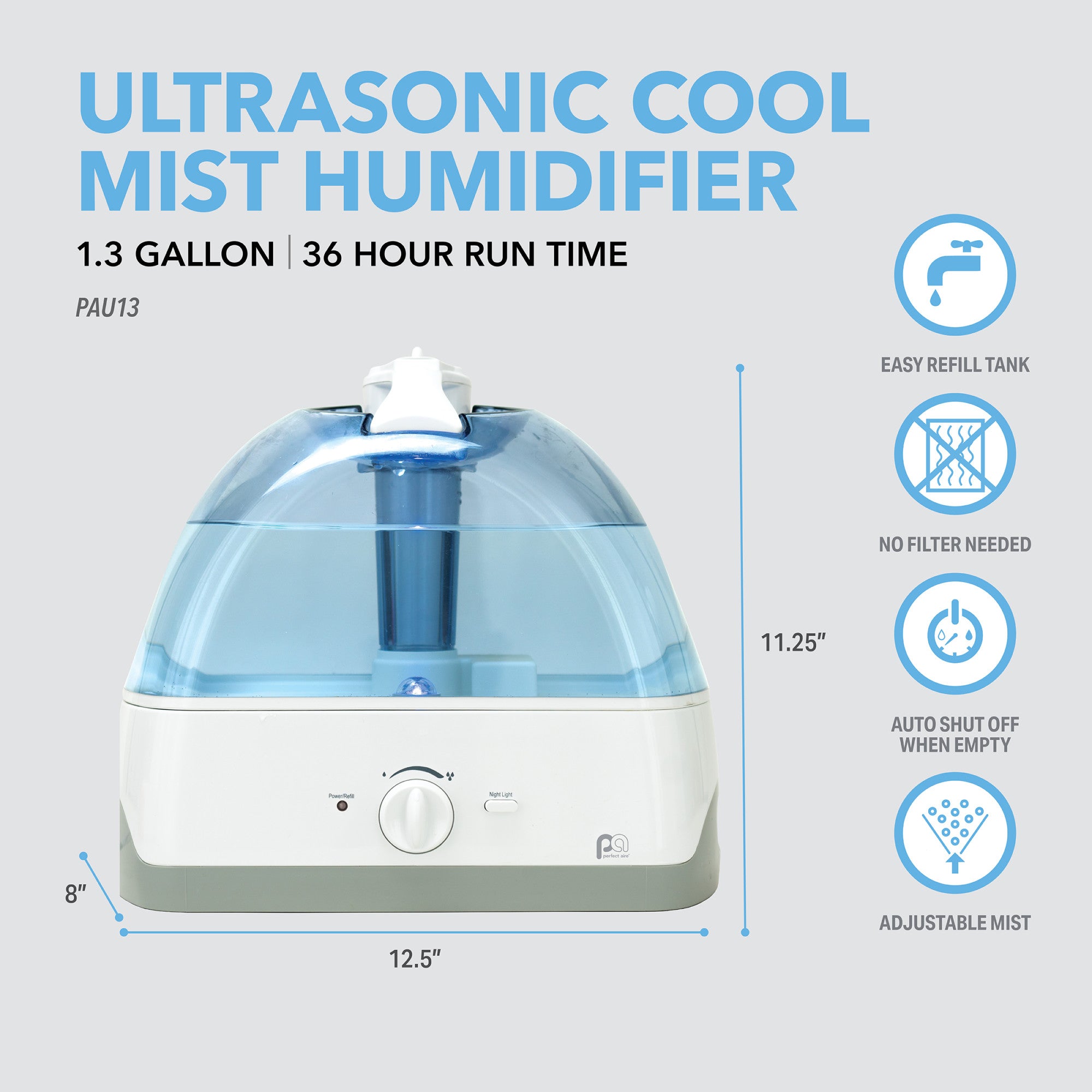 Perfect Aire 1.3 Gallon Ultrasonic Cool Mist Humidifier - Ideal for the Baby's Bedroom with Night-Light Option and Whisper-Quiet Operation, Auto Shut-Off and a Permanent Active Carbon Filter