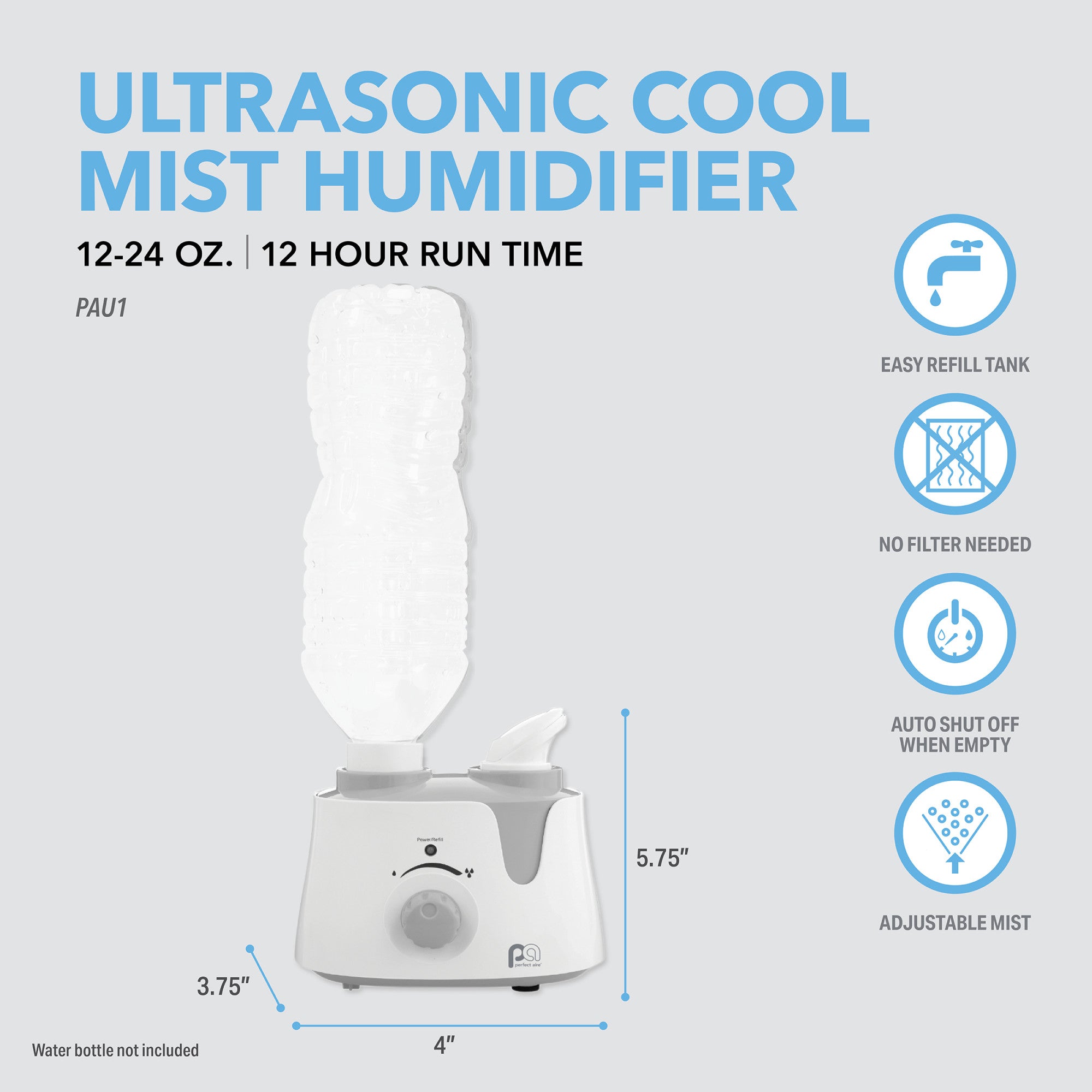 Perfect Aire Personal Travel Humidifier - Ultrasonic Cool Mist Using a Standard (12-24 oz.) Water Bottle with Auto Shut-Off , Great for Travel, Best for Small Spaces at Home, Office, and Hotels