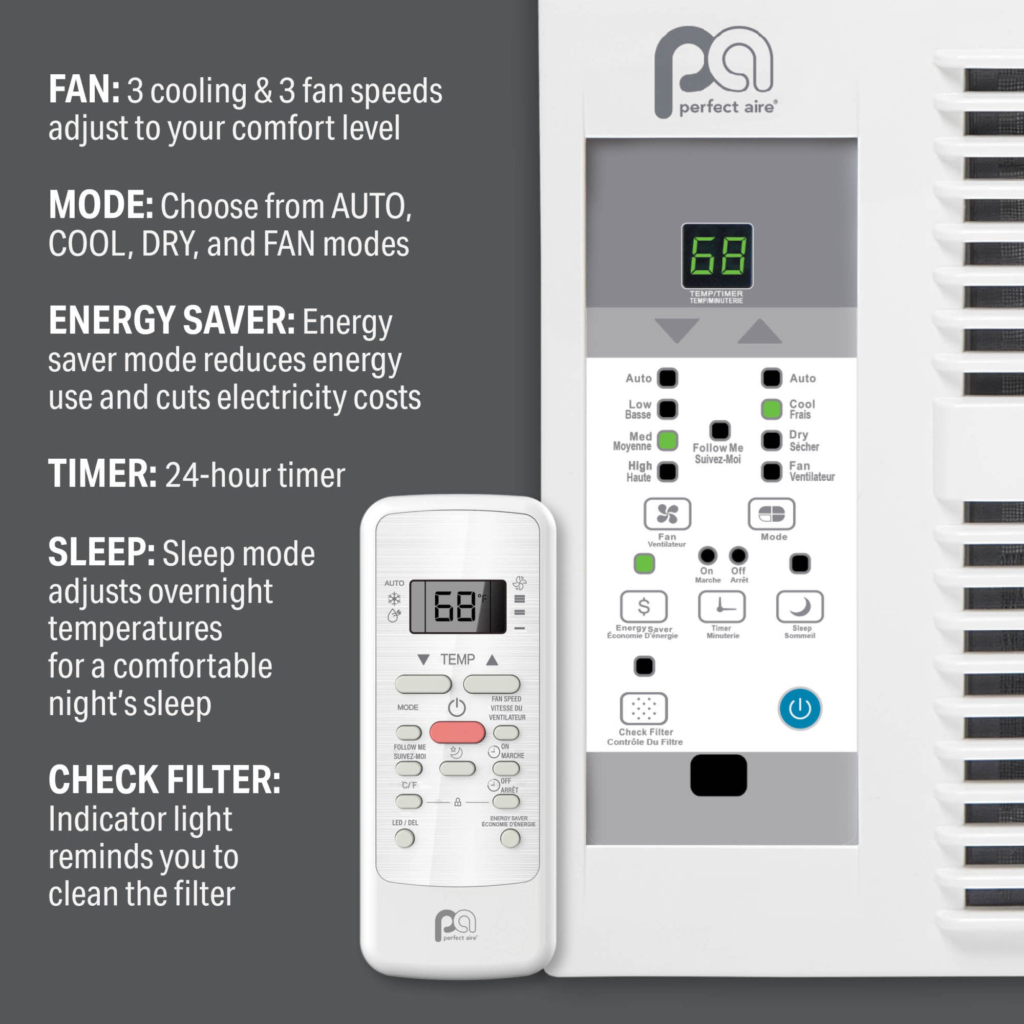 Perfect Aire 4PNC12000 12,000 BTU 115V Electronic Window Air Conditioner for Medium to Large Rooms up to 550 Sq. Ft., with Temperature Sensing Remote and Washable Filter, Gray