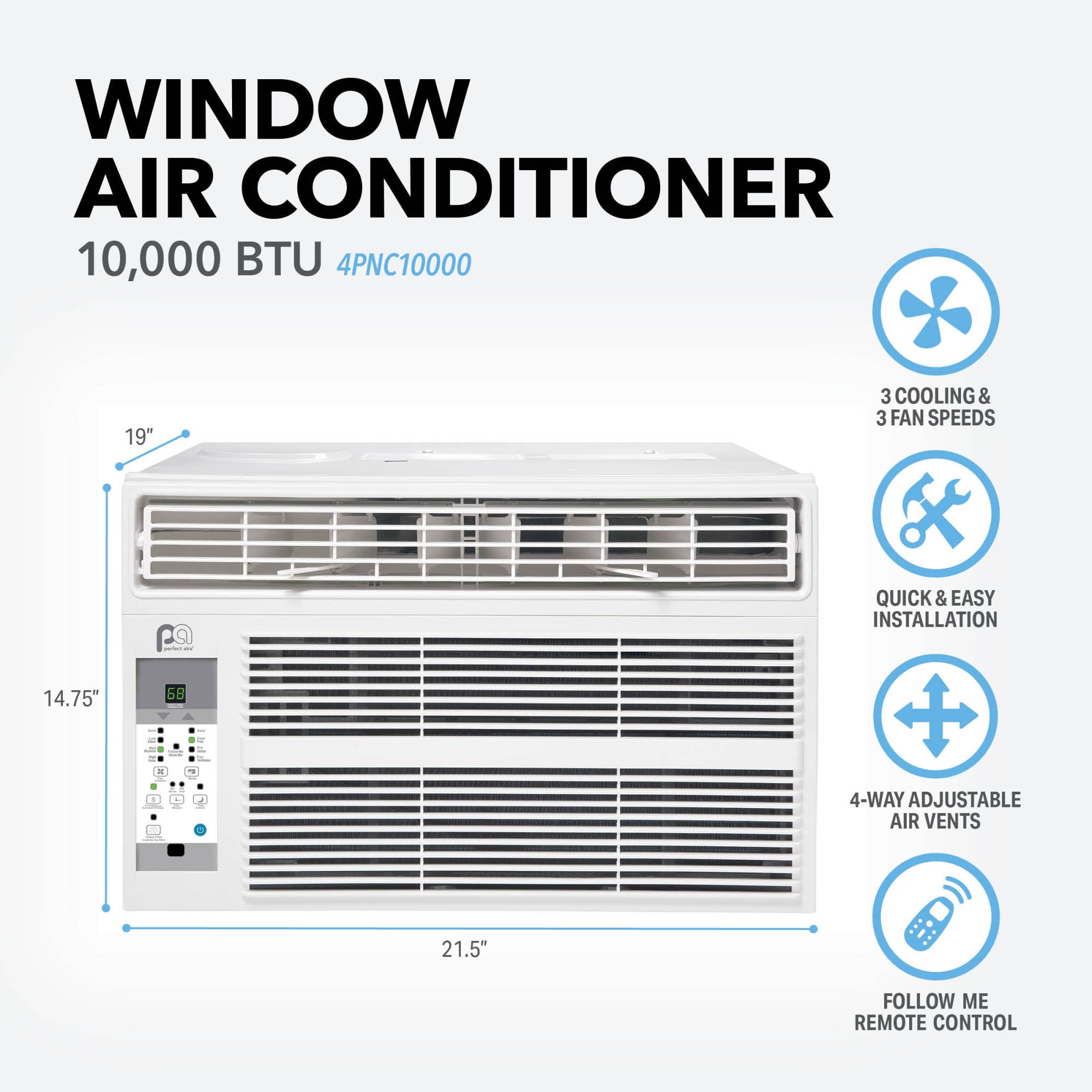 Perfect Aire 4PNC10000 10,000 BTU Window Air Conditioner for Rooms up to 450 Sq. Ft., w/ iFEEL Remote and Washable Filter