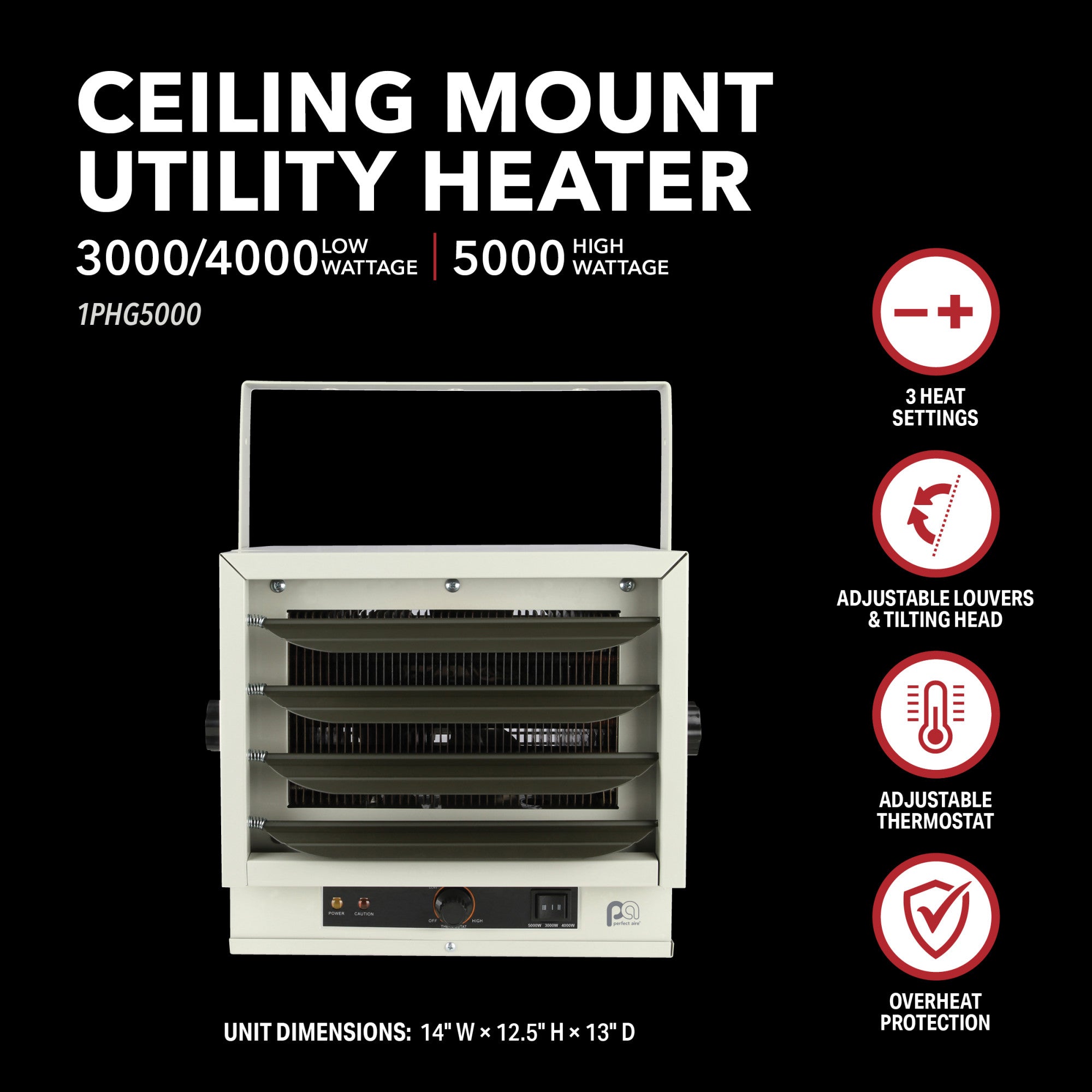 Perfect Aire 5,000W Ceiling-Mount Electric Garage Heater – 240V Hardwired, Adjustable Louvers & Thermostat