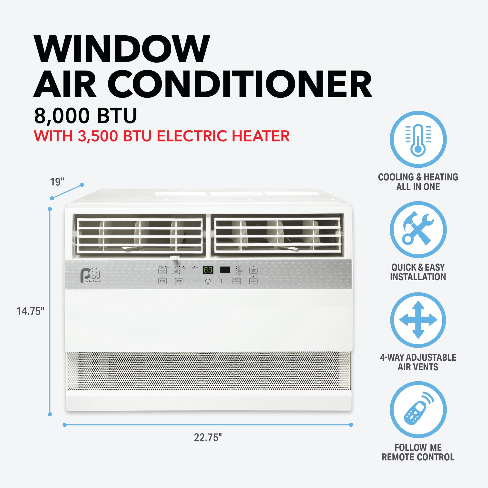 8,000 BTU Window Air Conditioner with Electric Heater (R32)