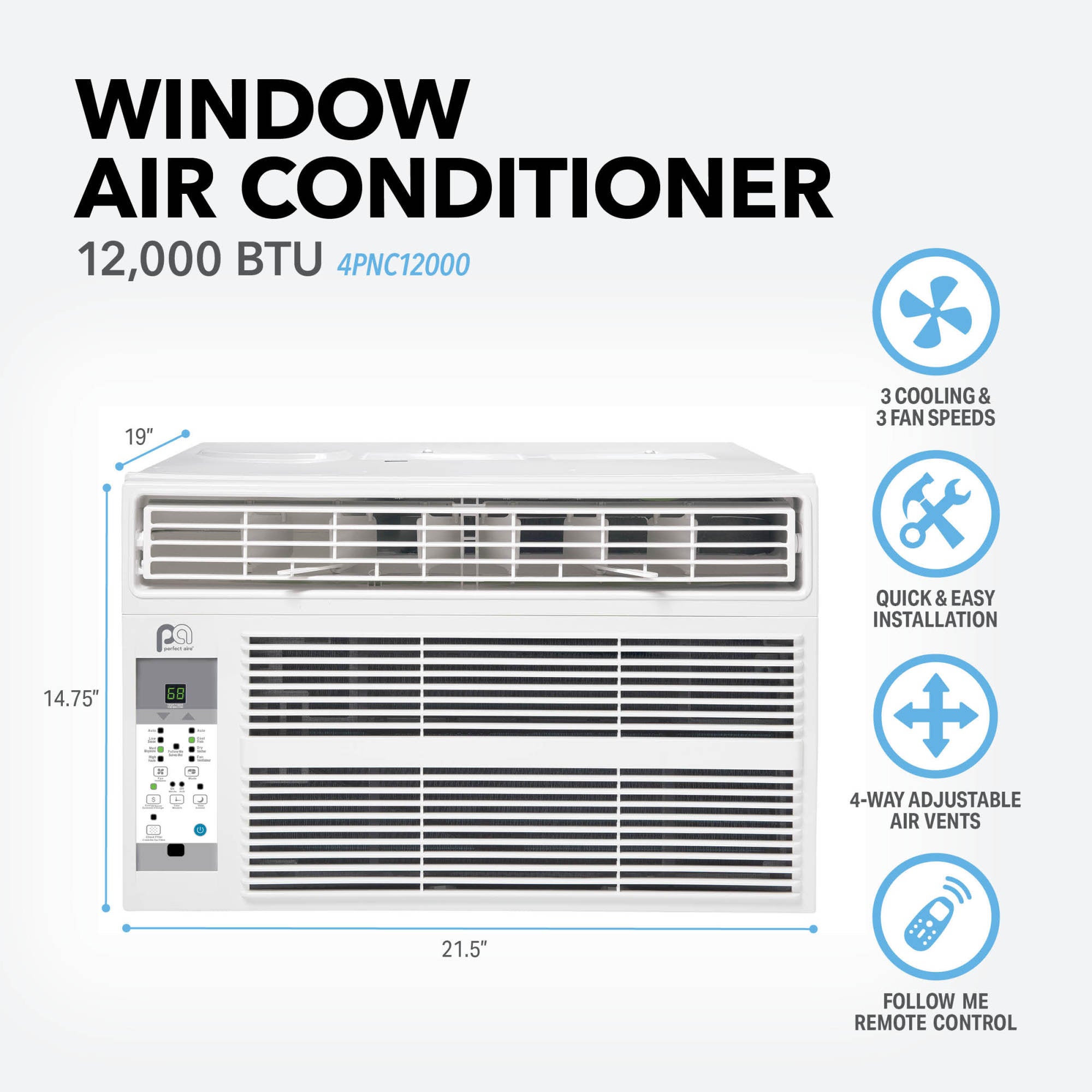 Perfect Aire 4PNC12000 12,000 BTU 115V Electronic Window Air Conditioner for Medium to Large Rooms up to 550 Sq. Ft., with Temperature Sensing Remote and Washable Filter, Gray