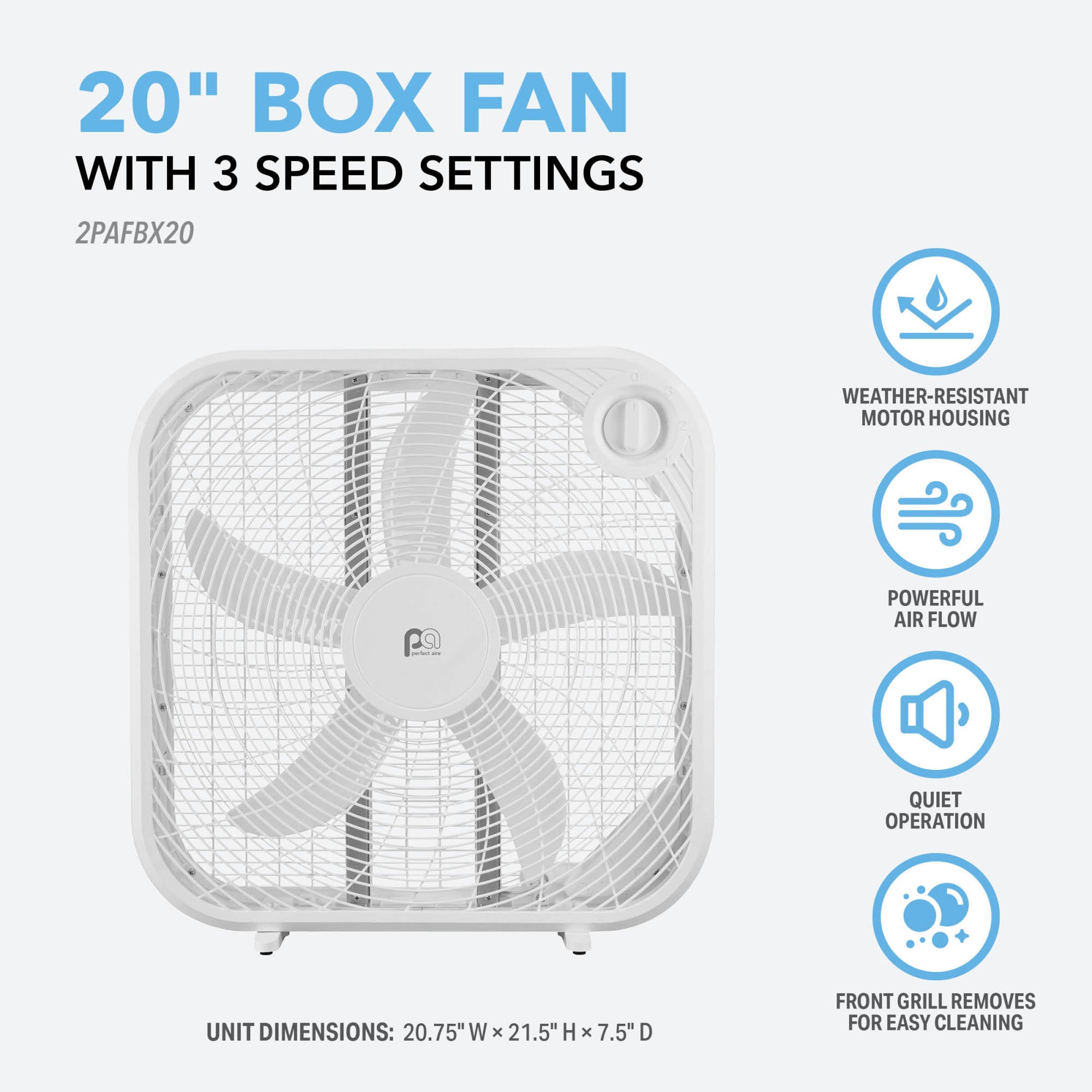Perfect Aire 20" Box Fan – 3-Speed Quiet Air Circulator with Weather-Resistant Motor, Easy-Clean Grill & Carry Handle