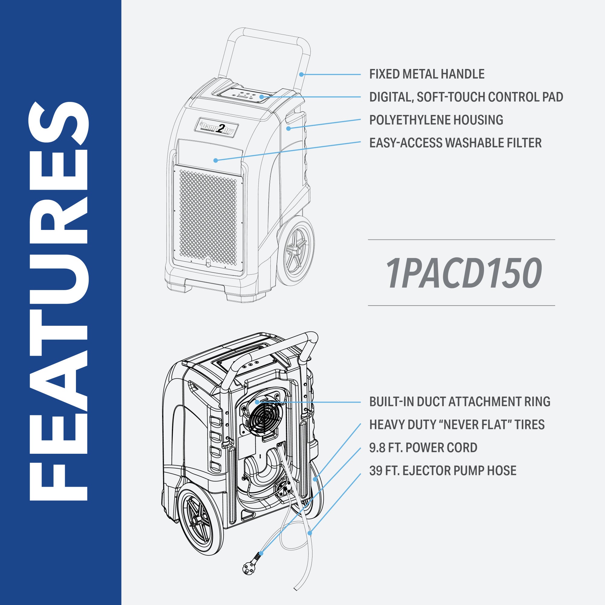 Perfect AireⓇ Damp2DryⓇ 150 Pint Commercial Dehumidifier with Drain Hose for Basements, Garages, Warehouses, and Job Sites