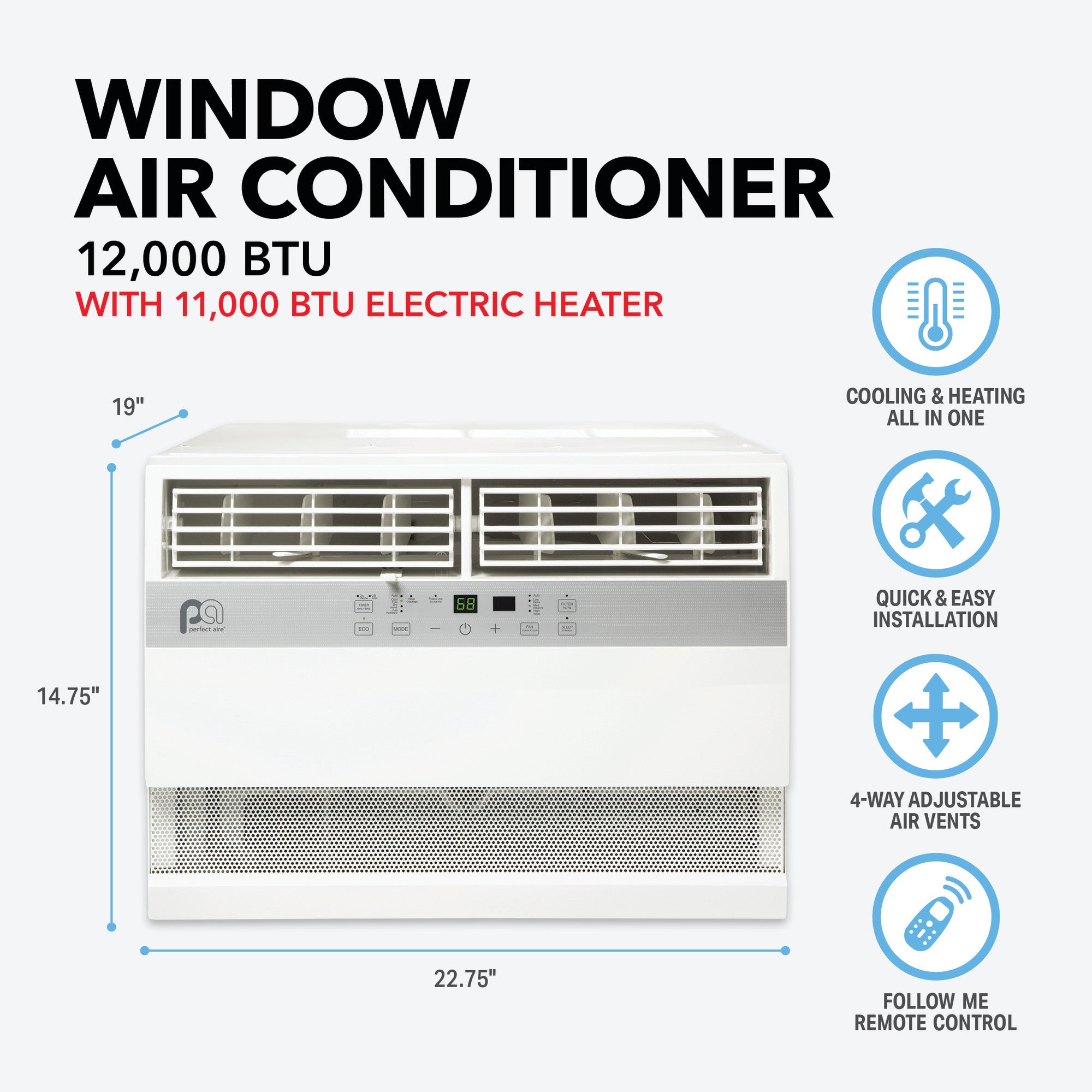12,000 BTU Window Air Conditioner with Electric Heater (R32)