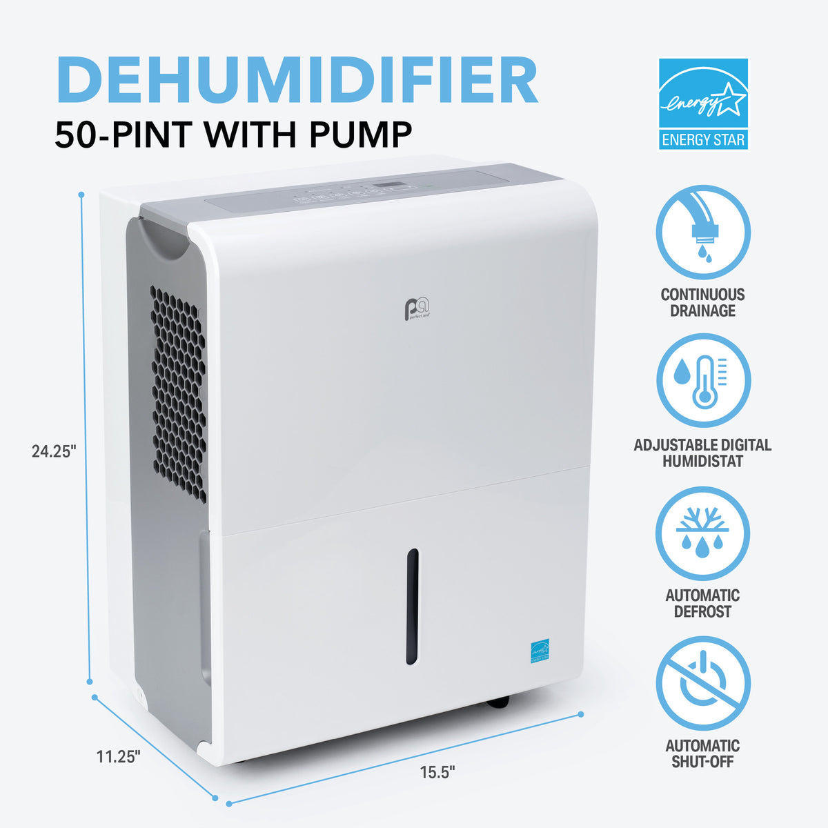Perfect Aire 50 Pint Dehumidifier with Built-In Pump - Up to 4500 sq ft