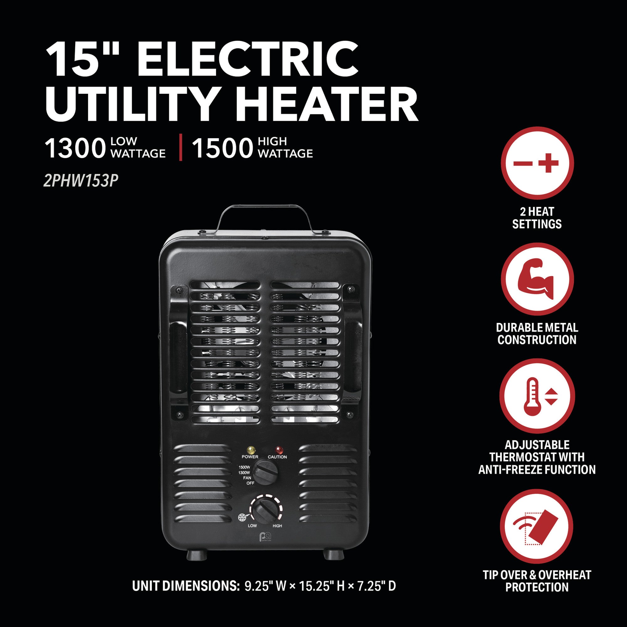 Perfect Aire Milkhouse 1,500W Electric Heater with Grounded Plug – Enhanced Safety for Workshops & Utility Spaces