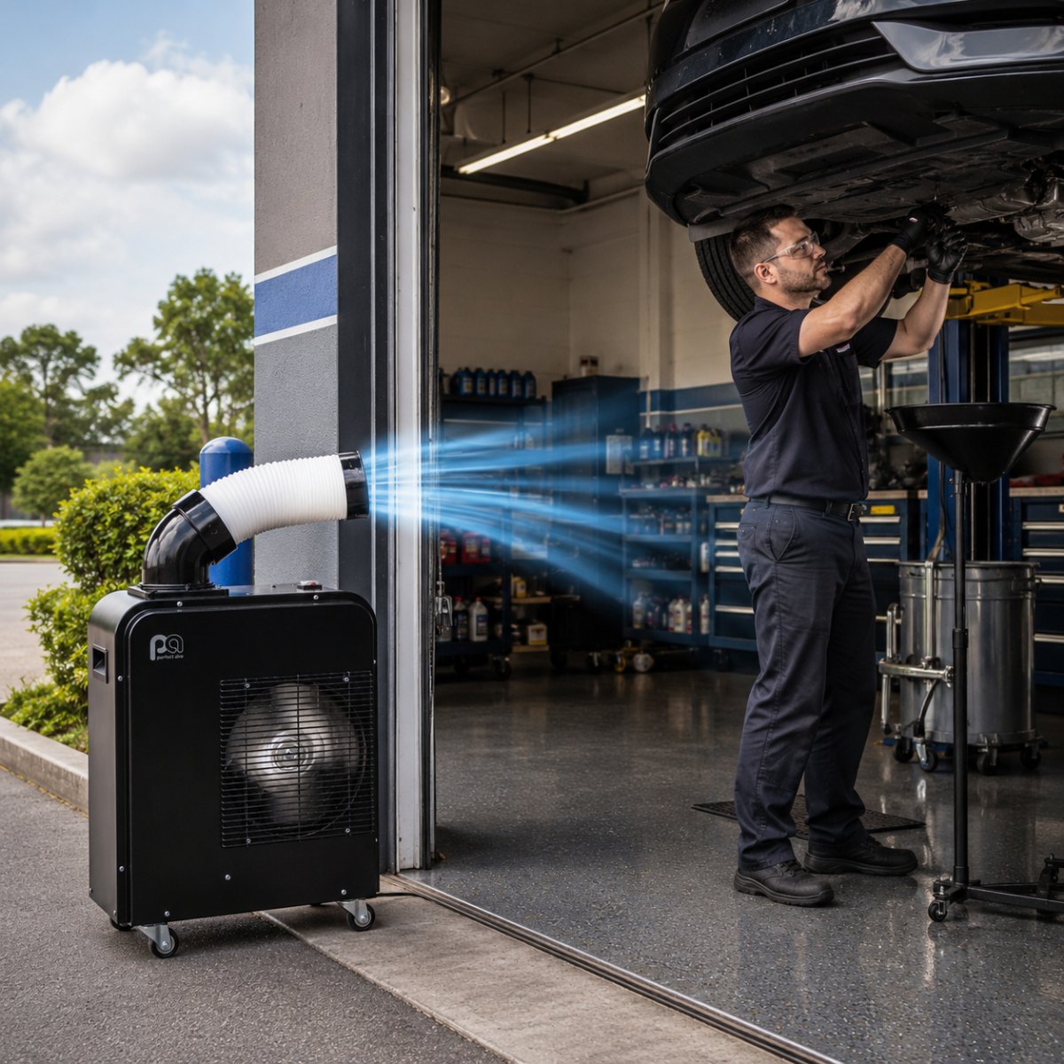 Technician servicing a car on a lift while the 2SPOT6800 blows cold air into the service bay