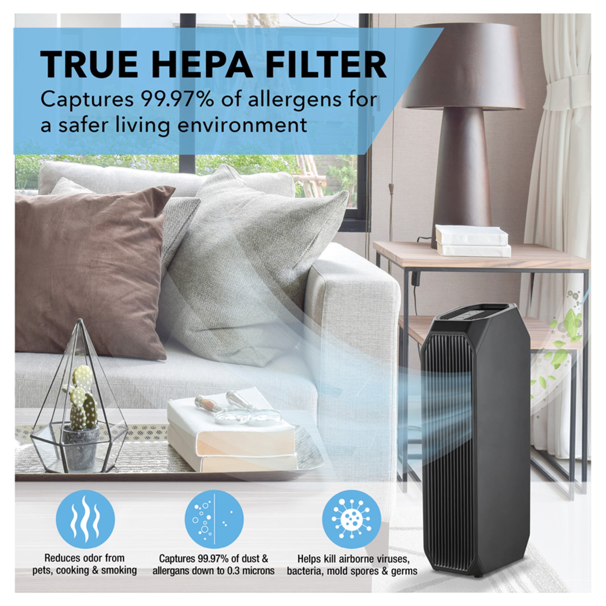 Perfect Aire 3-in-1 Air Purifier – True HEPA Filter, UVA Light Sanitization, Odor Control, Quiet Operation