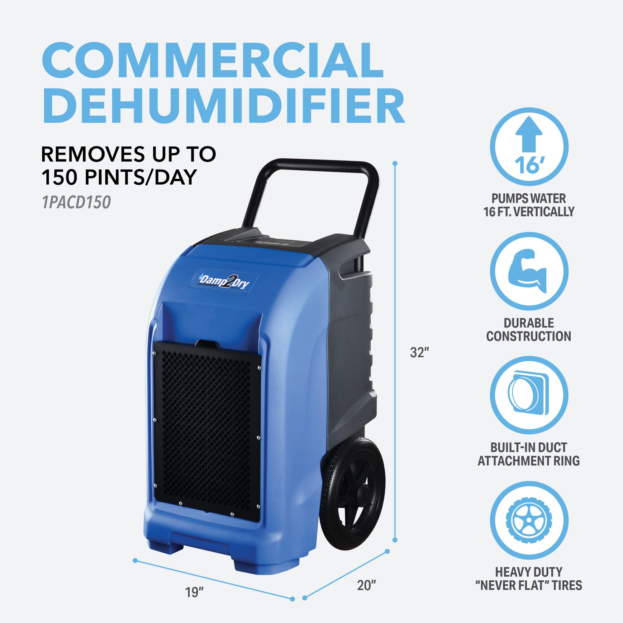 Perfect AireⓇ Damp2DryⓇ 150 Pint Commercial Dehumidifier with Drain Hose for Basements, Garages, Warehouses, and Job Sites
