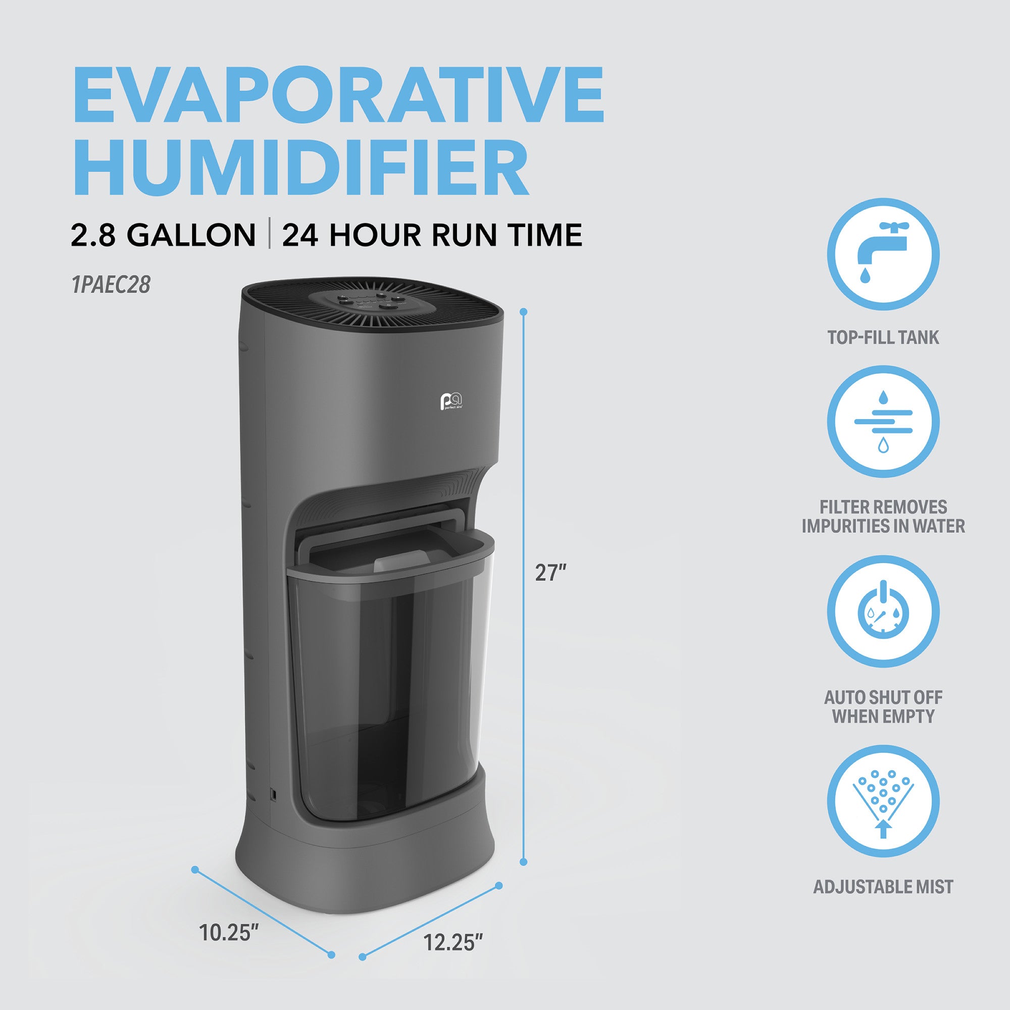 Perfect Aire 2.8 Gallon Evaporative Humidifier – Cool Mist, Digital Controls, Top Fill, 24 Hour Run Time