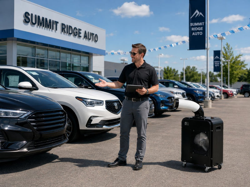 Car dealership sales agent waiting outside the showroom cooled by The HVAC Spot