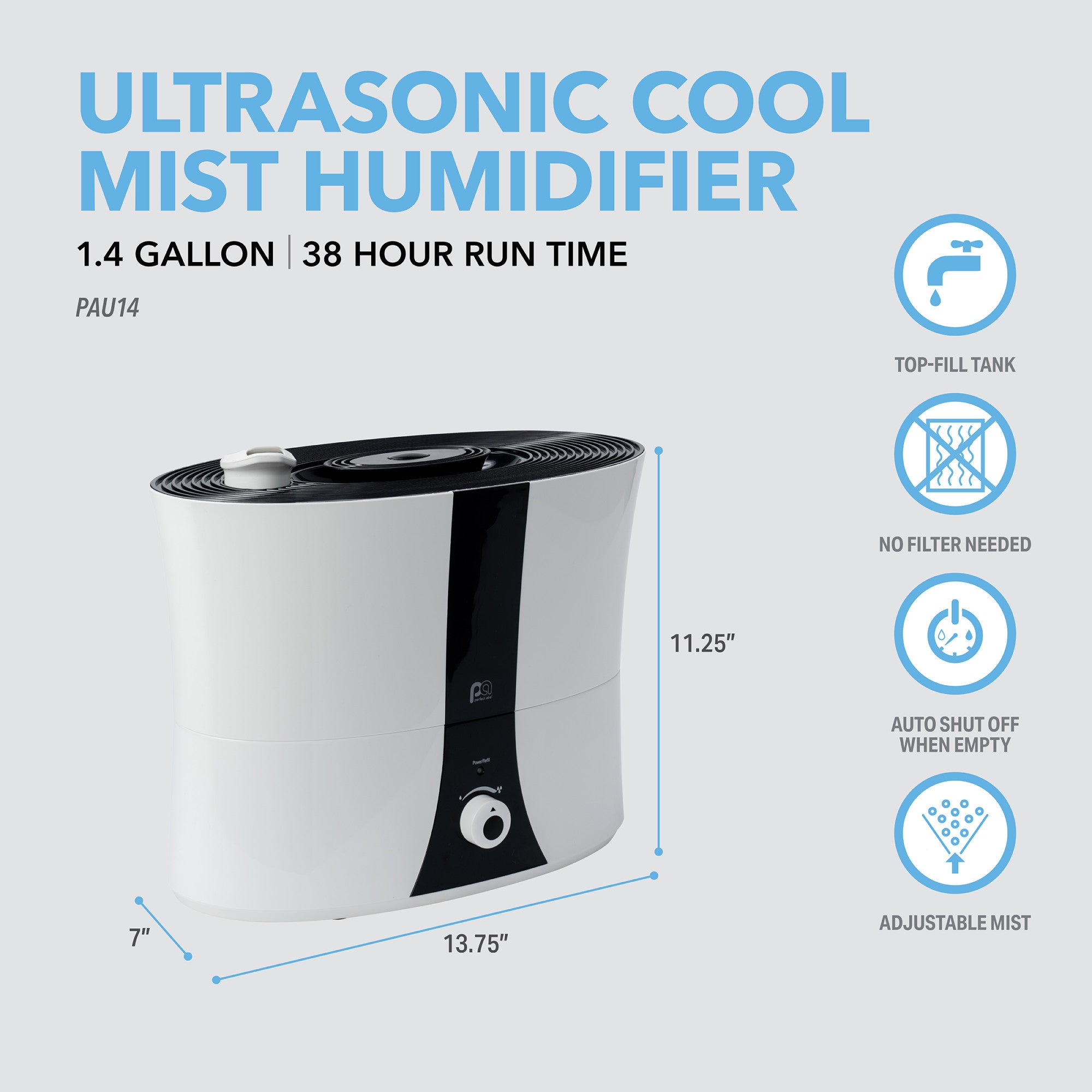 Perfect Aire 1.4 Gallon Ultrasonic Cool Mist Humidifier - Includes an Essential Oil Pod for Aromatherapy, Whisper-Quiet Operation, Auto Shut-Off, Easy Top Fill Design and a Permanent Active Carbon Filter
