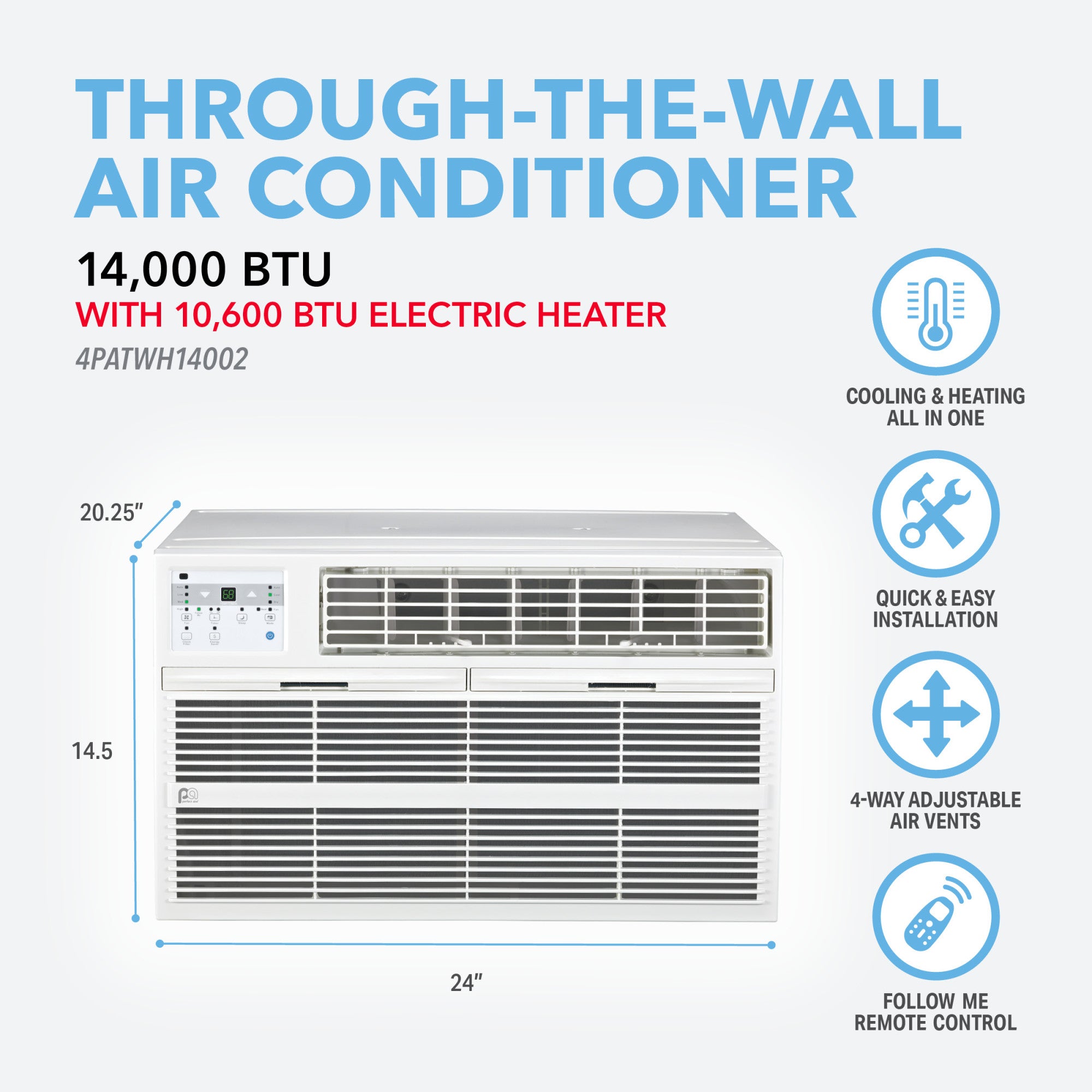 14,000 BTU Thru-the-Wall Air Conditioner with Electric Heater, 230V (R32)