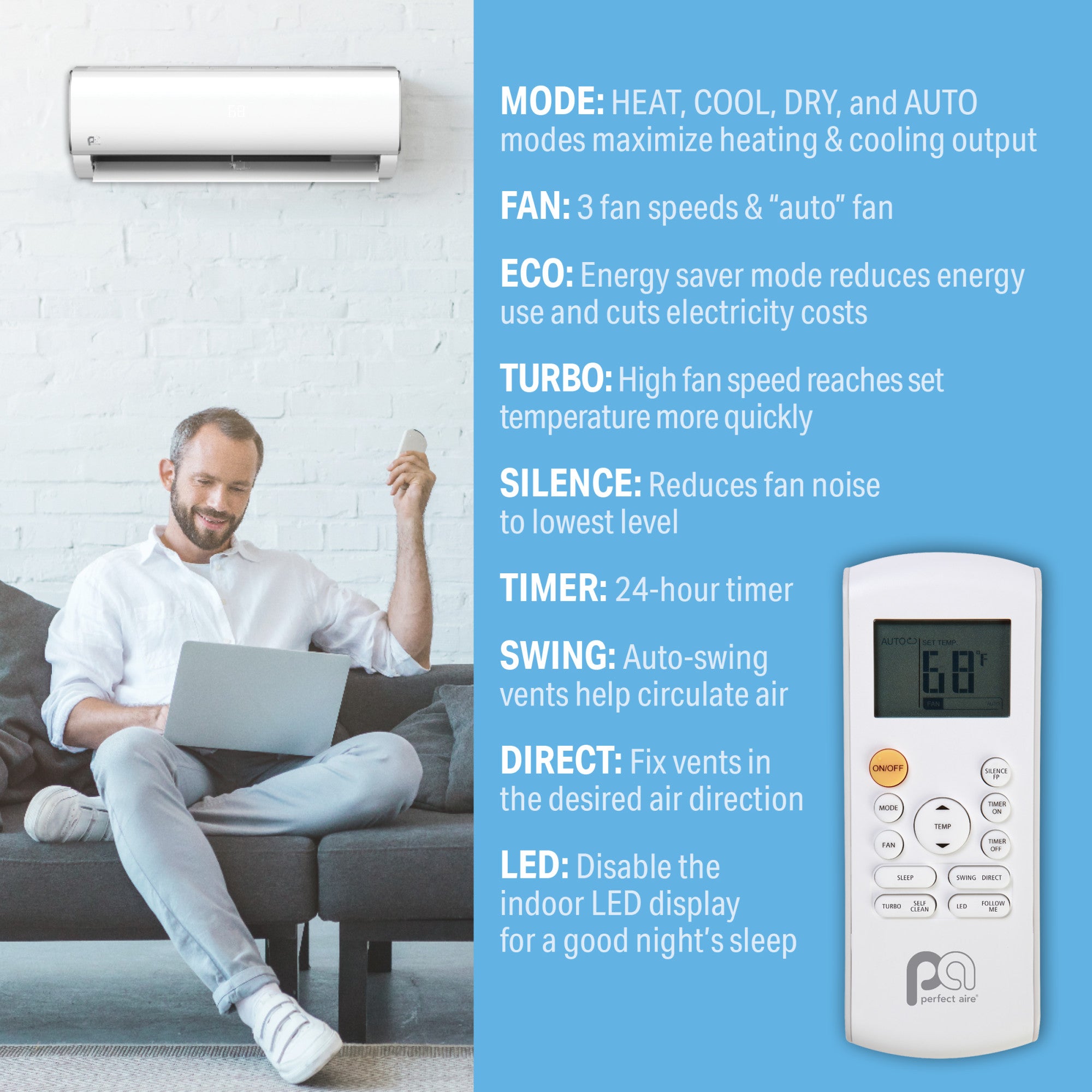9,000 BTU Perfect Aire 230V Indoor Unit – Single-Zone Mini-Split Wall Mount, Heat Pump (Not a Complete System)