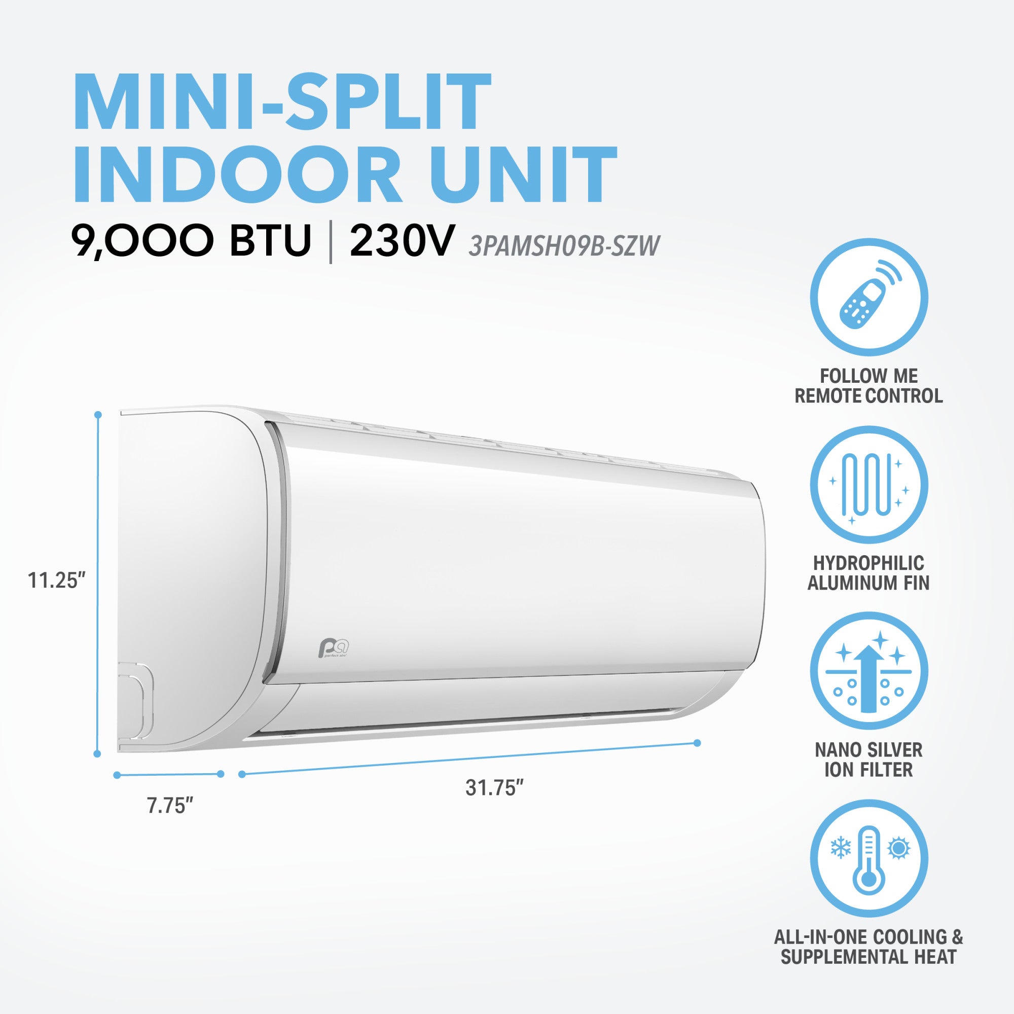 9,000 BTU Perfect Aire 230V Indoor Unit – Single-Zone Mini-Split Wall Mount, Heat Pump (Not a Complete System)